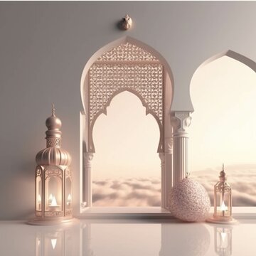  Ramadan Kareem background with arabic lantern and mosque