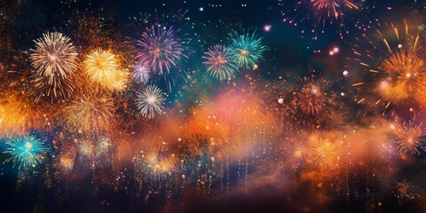 Fototapeta premium Fireworks in the night sky. AI Generative Art.