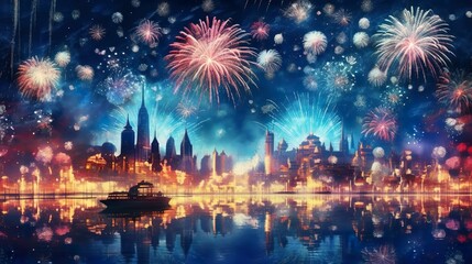 Naklejka premium Fireworks in the night sky. AI Generative Art.