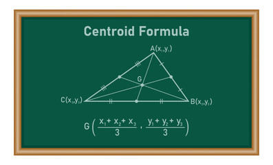 Centroid formula of a triangle. The intersection of the three medians. Vector illustration isolated on white background. - obrazy, fototapety, plakaty