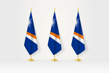 Three Marshall Islands flags in a row on a golden stand, illustration of press conference and other meetings.