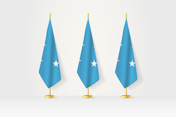 Three Micronesia flags in a row on a golden stand, illustration of press conference and other meetings.