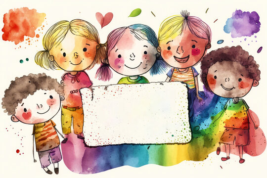 Hand drawn happy children with rainbow colors holding a white sign. Generative AI