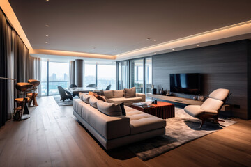 Fototapeta na wymiar Premium Interior Design: Modern Minimalist Presidential Suite with Wood Accents