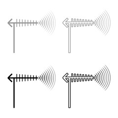 TV antenna and wave set icon grey black color vector illustration image solid fill outline contour line thin flat style