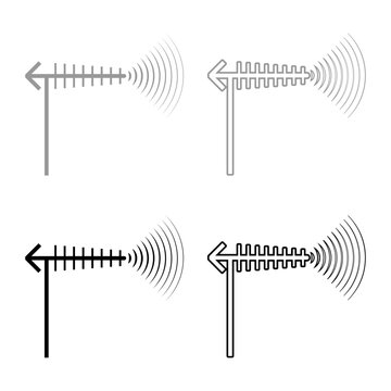 TV antenna and wave set icon grey black color vector illustration image solid fill outline contour line thin flat style