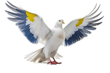 Obraz premium Ethereal Elegance: A Majestic White Pigeon Soaring with the Ukrainian Flag