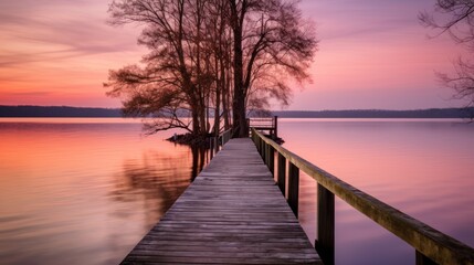 Fototapeta na wymiar Capture the tranquility of a peaceful lakeside scene at sunset, with soft colors, gentle ripples in the water, and a sense of calm
