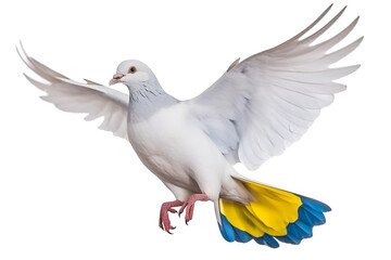 Fototapeta premium Ethereal Elegance: A Majestic White Pigeon Soaring with the Ukrainian Flag