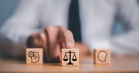 AI ethics or AI Law concept. Developing AI codes of ethics. Compliance, regulation, standard , business policy and responsibility for guarding against unintended bias in machine learning algorithms.