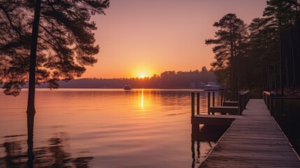 Fototapeta premium Capture the tranquility of a peaceful lakeside scene at sunset, with soft colors, gentle ripples in the water, and a sense of calm