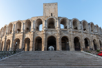 View on old Roman Arena in ancient french town Arles, touristic destination with Roman ruines,...