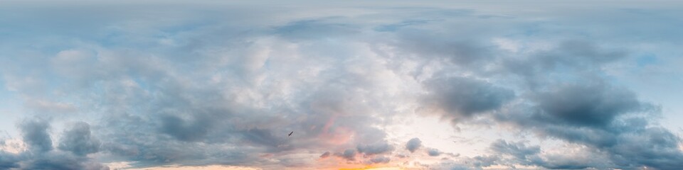 Dramatic sunset sky panorama with bright glowing red pink Cumulus clouds. HDR 360 seamless spherical panorama. Sky dome in 3D, sky replacement for aerial drone panoramas. Weather and climate change.