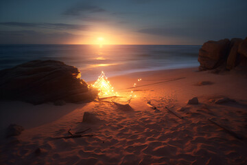 A bonfire on a rocky seashore at sunset