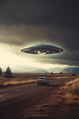 Fototapeta na wymiar ufo flying over the city concept for world UFO day