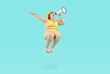 Funny crazy overweight chubby woman in yellow swim suit, sun hat, flip flops with fat folds on...