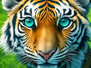 Photo a cartoon tiger with a blue eye and a green background