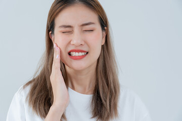 Asian woman feel toothache from gingivitis, female suffer tooth, decay problems, dental care....