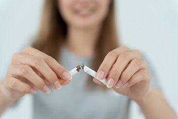 No smoking. Woman stop smoke, refuse, reject, break take cigarette, say no. quit smoking for...