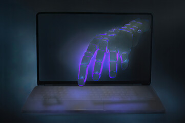モニターの向こうから怪しい手が出てくる怖いイメージ Scary image of a suspicious hand coming out from behind the monitor.