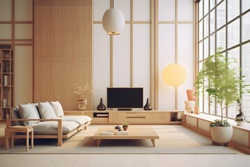 modern japanese living room with tv interior design, generative ai