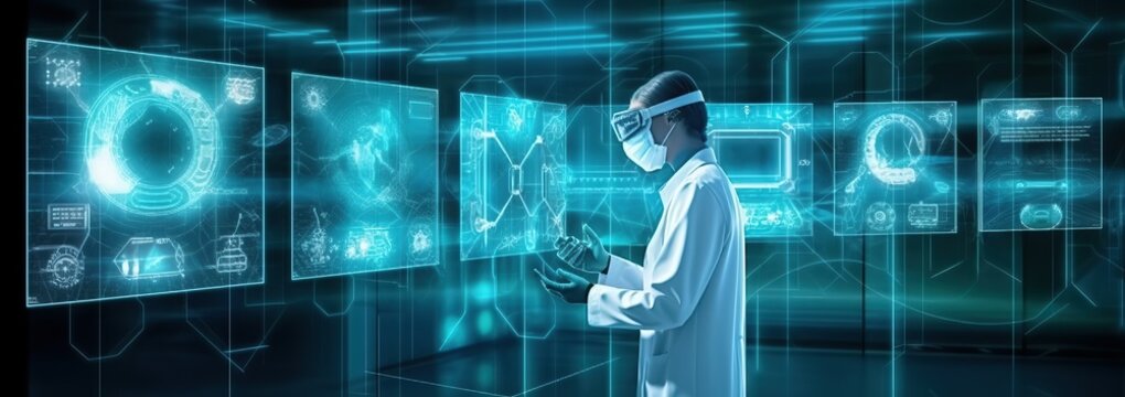 A medical scientist standing in front of a computer screen, medical technology and futuristic concept of digital medicine and network connection with futuristic device, virtual reality, hologram moder