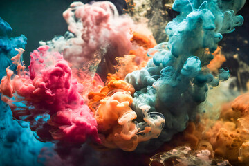 Colorful clouds of ink, paint, smoke or dust