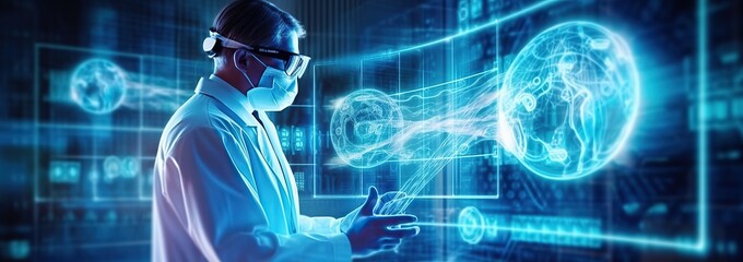 A medical scientist standing in front of a computer screen, medical technology and futuristic concept of digital medicine and network connection with futuristic device, virtual reality, hologram moder