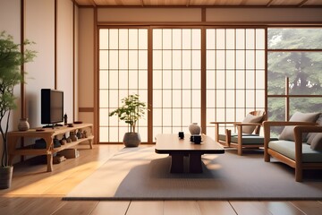 Fototapeta na wymiar japan style interior living room with tv, generative ai