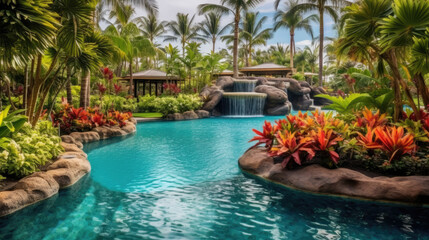 Fototapeta na wymiar Serenity by the Pool: Crafting a Tropical Getaway in Your Own Backyard