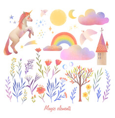 A set of magic elements. Unicorn, wonderful flowers, birds, rainbow, a castle and clouds.