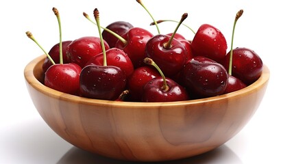   A bowl full of fresh sweet cherries is created by artificial intelligence.