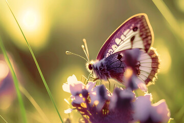 Butterfly on a purple flower in the rays of the setting sun, nature background, copy space
