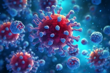 Obraz na płótnie Canvas Close up macro details of flying red blue microbes molecules virus bacteria. Coronavirus outbreak COVID-19