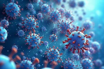 Close up macro details of flying red blue microbes molecules virus bacteria. Coronavirus outbreak COVID-19