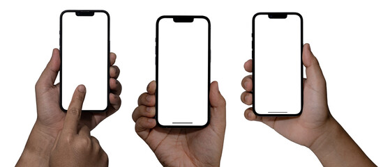 Man hand holding black smartphone isolated on white background, Hand holding smart phone Mockup and screen Transparent, Infographic Business web site design app, clipping path