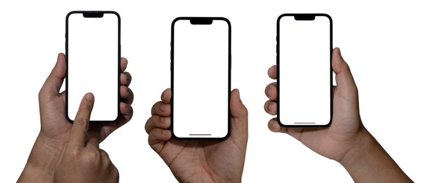 Smartphone similar to iphone 14 with blank white screen for Infographic Global Business Marketing Plan, mockup model similar to iPhone isolated Background of digital investment economy - Clipping Path