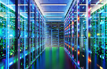 Modern server room, corridor in data centre with  Supercomputer racks, neon lights and conditioners. 3D rendering illustration 