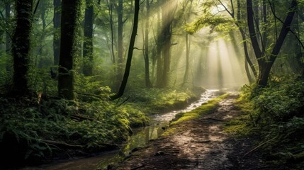 Misty forest clearing, with dappled sunlight filtering through the trees, and a hidden path leading into the unknown