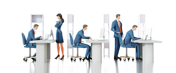 Team of  business people working hard. People working with computers, typing, making calculation. Banking, investment, financial advisory concept 3D rendering illustration 