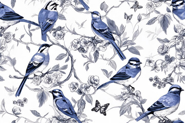 toile de jouy birds on branches blue summer 