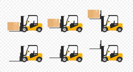 Forklift loader lifts cargo in cardboard boxes, graphic design. Pallet stacker truck equipment at warehouse vector illustration © artsterdam