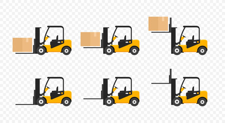 Forklift loader lifts cargo in cardboard boxes, graphic design. Pallet stacker truck equipment at warehouse vector illustration