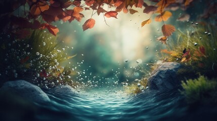 Fototapeta na wymiar Picturesque autumn fantasy forest landscape with clear blue water stream background with copy space in the middle. AI generative image.