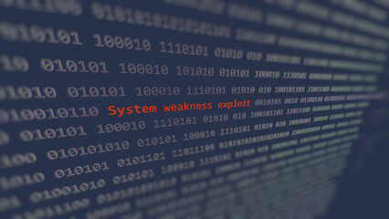 Cyber attack system weakness exploit vulnerability in text binary system ascii art style, code on editor screen.
