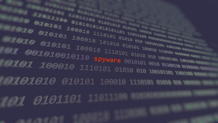 Cyber attack spyware vulnerability in text binary system ascii art style, pirate hack code on...