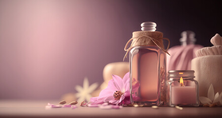 Beautiful spa concept pink background. Natural organic skin and body care cosmetic products. Indoor background with copy space. AI generative image.