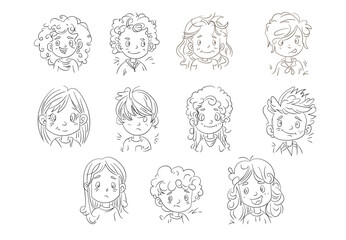 Diverse faces of people set. Human Avatars Collection, young age. Happy emotions. Portrait with a different facial expression. Boys and girls, hand drawn doodle sketch. Vector illustration for your de