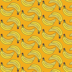 Hand drawn flat line pattern banana bunch, isolated fruits on yellow background. Tropical food delicious illustration. Vector illustration for your design