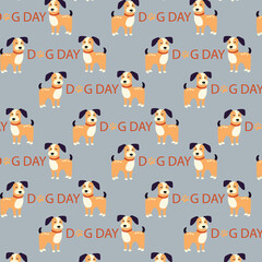 Happy Dog seamless pattern . Cute cartoon dog on light background. Promo for holiday of domestic animal competition collection. Vector illustration